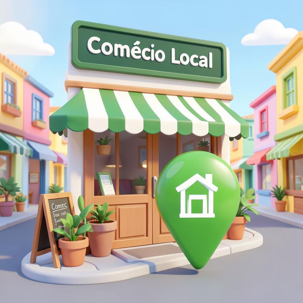 Ilustração de um comércio local com um marcador verde
